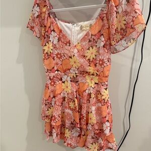 Floral Orange-Pink Wrap Ruffle Women's Romper